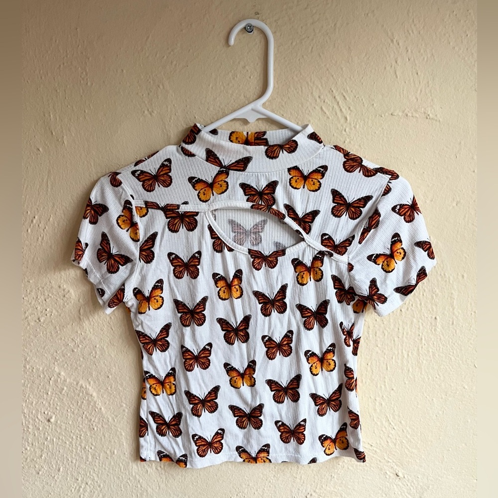Monarch Butterfly Print Crop Top Y2K Ribbed White Short Sleeve Cutout Tee Size M